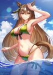  1girl absurdres animal_ears armpits bare_shoulders bikini blue_sky blush braid breasts brown_eyes brown_hair cleavage cloud commentary ear_ornament english_commentary green_bikini hair_between_eyes half_up_braid highres horse_ears horse_girl horse_tail jewelry large_breasts long_hair looking_at_viewer multicolored_hair navel necklace ocean open_mouth outdoors patterned_hair rayleigh_scale revision satono_diamond_(umamusume) sky smile solo stomach streaked_hair swimsuit tail umamusume very_long_hair wading water 