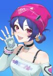  1175512414l 1girl bare_shoulders beanie black_choker blonde_hair blue_hair breasts choker collarbone commentary fingerless_gloves gloves hair_rings hat highres kira-kira_kiriko kiriko_(overwatch) le_sserafim long_sleeves medium_breasts multicolored_hair official_alternate_costume overwatch perfect_night_(le_sserafim) purple_eyes shirt short_hair smile waving 