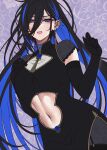  1girl abs ayase_yuu ayase_yuu_(2nd_costume) black_dress black_gloves black_hair black_pantyhose blue_eyes blue_gem blue_hair chinese_clothes clothing_cutout colored_inner_hair commentary_request cowboy_shot double-parted_bangs dress ear_piercing earrings elbow_gloves emphasis_lines floral_background gem gloves gold_trim hand_on_own_chest high_ponytail highres jewelry lace-trimmed_gloves lace_trim long_bangs long_hair looking_at_viewer maximum_pamyu multicolored_hair multiple_earrings navel official_alternate_hairstyle pantyhose parted_lips patterned_background pelvic_curtain phase_connect piercing ponytail print_pantyhose print_sleeves purple_background qipao see-through_clothes see-through_sleeves short_dress short_sleeves side_slit sketch solo spiked_ear_piercing stomach_cutout tassel tassel_earrings very_long_hair virtual_youtuber 