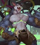  abs anthro belt big_muscles big_pecs black_nipples black_nose blue_body blue_fur blue_skin bodily_fluids bottomwear canid canine canis chest_tuft claws clothing fangs fur green_liquid grey_body grey_fur league_of_legends looking_aside male mammal muscular muscular_male neck_tuft nipples null-ghost pants pecs riot_games saliva saliva_on_tongue saliva_string scar solo tongue tuft veiny_muscles video_games warwick_(lol) were werecanid werecanine werewolf white_body white_skin wolf 