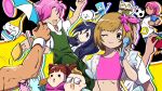  3others 5boys 6+girls :p ;) ado_(utaite) ball blonde_hair blue_skin blush_stickers brown_hair c: cat chando_(ado) character_request colored_skin commentary_request crop_top dark-skinned_female dark-skinned_male dark_skin disc food friends_(rhythm_tengoku) fruit glasses hair_ornament hairclip hand_up highres holding holding_microphone holding_tomato idol idol_rena koshianpancake lemon long_hair looking_at_viewer looking_to_the_side microphone midriff ms._pink multiple_boys multiple_girls multiple_others muscular muscular_male one_eye_closed pink_hair pink_shirt red_hair rhythm_tengoku rhythm_tengoku_miracle_stars sachiko_diamond see-through_clothes see-through_sleeves shiratama_(rhythm_tengoku) shirt short_sleeves short_twintails smile soccer_ball soccer_uniform sora_(rhythm_tengoku) space_dancers sportswear star_(symbol) star_hair_ornament sunglasses the_brushers tomato tongue tongue_out twintails umbrella_performer_(rhythm_tengoku) warping_alien_(rhythm_tengoku) yellow_background 