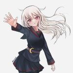  1girl belt black_sailor_collar black_serafuku black_shirt black_skirt brown_belt crescent crescent_pin grey_background grey_hair highres kantai_collection kikuzuki_(kancolle) lacecats one-hour_drawing_challenge pleated_skirt reaching reaching_towards_viewer red_eyes sailor_collar sailor_shirt school_uniform serafuku shirt simple_background skirt solo 