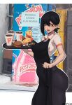  1girl apron ass black_eyes black_hair breasts burger chainsaw_man cup food french_fries higashiyama_kobeni highres ketchup mole mole_under_eye mole_under_mouth open_mouth solo spanish_text stopu sweatdrop tray 