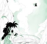 2boys amayuki318 black_hair blue_background blue_sky cape child cloud cloudy_sky commentary_request cooking crossed_arms dougi dragon_ball dragon_ball_z fire firewood floating food from_behind from_below gradient_background highres holding holding_sword holding_weapon long_hair male_focus martial_arts_belt meat mountain multiple_boys outdoors partially_colored piccolo ponytail raised_eyebrows scabbard sheath short_sleeves sky sleeveless son_gohan spiked_hair sun sword thick_eyebrows torn_clothes turban undershirt weapon white_cape wristband 