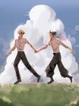  2boys black_hair black_pants blush cloud collared_shirt cumulonimbus_cloud full_body geto_suguru gojo_satoru grass hair_bun highres holding_hands jujutsu_kaisen male_focus multiple_boys open_mouth outdoors pants rizurin running shirt short_hair sleeves_rolled_up sunglasses white_hair white_shirt yaoi 