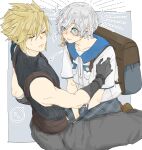  2boys backpack bag bandaged_arm bandages belt between_legs blonde_hair blue_collar blue_shirt blush border chadley_(ff7) closed_eyes cloud_strife collar facing_away fe79793 final_fantasy final_fantasy_vii final_fantasy_vii_remake gloves grey_background grey_eyes grey_gloves grey_hair grey_pants hair_between_eyes hand_between_legs hand_on_another&#039;s_shoulder highres indian_style looking_at_another male_focus monocle multiple_boys pants plaid plaid_shorts shirt short_hair short_sleeves shorts sitting sitting_on_lap sitting_on_person sleeveless sleeveless_turtleneck sparkle spiked_hair suspenders sweatdrop turtleneck wavy_hair white_shirt wide-eyed yaoi 