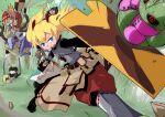  1boy 4girls @_@ armor armored_boots ball_animal ball_animal_(sekaiju) battle belt_pouch black_bodysuit black_shorts blonde_hair blue_eyes blue_hat bodysuit boots brown_hair buckler commentary_request creature deer dual_wielding floating_hair forest fortress_(sekaiju) fortress_2_(sekaiju) grass hair_between_eyes hair_over_one_eye hammer hat headscarf highres hoku holding holding_hammer holding_shield holding_sword holding_weapon jumping kyouran_no_tsunoshika_(sekaiju) long_hair medic_(sekaiju_4) medic_1_(sekaiju_4) multiple_girls nature night_seeker_(sekaiju) night_seeker_4_(sekaiju) one_eye_covered open_mouth outdoors pants pouch puffy_short_sleeves puffy_sleeves red_headscarf red_pants rune_master_(sekaiju) rune_master_4_(sekaiju) sekaiju_no_meikyuu sekaiju_no_meikyuu_4 shield short_hair short_sleeves shorts sweat sword swordsman_(sekaiju_4) swordsman_4_(sekaiju_4) teeth top-down_bottom-up twintails upper_teeth_only weapon 
