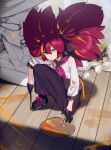  1girl chinese_commentary commentary_request full_body gloves hair_ornament highres indoors long_hair looking_at_viewer original paint_palette paintbrush red_hair school_uniform scissors serious solo squatting wooden_floor yellow_eyes zhuliye_bu_ai_chi_qiezi 