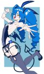  1girl absurdres blue_background blue_leotard blue_thighhighs blush_stickers bombergirl border breasts commentary_request covered_navel demon_girl demon_tail demon_wings detached_collar drill_hair eyeliner fang flat_chest harau high_heels highres leotard lewisia_aquablue lowleg lowleg_panties makeup open_mouth panties playboy_bunny pointy_ears pubic_tattoo reaching reaching_towards_viewer red_eyeliner ribs side-tie_panties simple_background skin_fang small_breasts solo tail tattoo thighhighs tongue tongue_out twin_drills twintails underwear v white_border wings yellow_eyes 