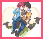  1boy 1girl ahoge animal baby_animal black_boots black_hair black_pantyhose blue_jacket blue_skirt blush boots border brown_hair cheek-to-cheek commentary_request couple denim double_v full_body fur-trimmed_boots fur_trim girl_on_top hair_bobbles hair_ornament heads_together hetero highres holding holding_animal holding_sheep hug jacket jeans komari_chika lamb make_heroine_ga_oo_sugiru! miniskirt nukumizu_kazuhiko one_eye_closed one_side_up open_mouth outside_border pants pantyhose pink_border pleated_skirt pout red_hair sheep short_hair signature sitting sitting_on_lap sitting_on_person skirt sweat sweater toyosora v wince winter_clothes yellow_eyes yellow_jacket yellow_sweater 