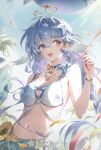  1girl absurdres bikini blue_hair blue_nails breasts cleavage commentary facial_mark flower green_eyes hair_between_eyes hair_ornament halo head_wings heart heart_facial_mark highres honkai:_star_rail honkai_(series) jewelry long_hair mark_under_eye navel necklace official_alternate_costume open_mouth robin_(honkai:_star_rail) robin_(summeretto)_(honkai:_star_rail) solo star_(symbol) star_print starfish_hair_ornament sunflower swimsuit white_bikini white_wings wings yanjem 