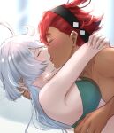  2girls ahoge arms_around_neck black_hairband blush bra breasts closed_eyes commentary_request dark-skinned_female dark_skin french_kiss green_bra grey_hair gundam gundam_suisei_no_majo hairband highres kiss large_breasts long_hair miorine_rembran multiple_girls nude red_hair suletta_mercury sweat tchai_covsky thick_eyebrows tongue underwear yuri 