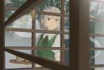 1girl black_hairband black_ribbon blue_eyes bo_cota collared_shirt commentary cup green_skirt green_vest grey_hair hairband highres hitodama holding holding_tray konpaku_youmu konpaku_youmu_(ghost) neck_ribbon open_mouth puffy_short_sleeves puffy_sleeves reflection ribbon shirt short_hair short_sleeves skirt skirt_set solo touhou tray vest white_shirt window yunomi 