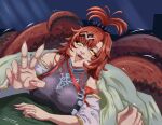  1girl absurdres asymmetrical_bangs bare_shoulders black_scrunchie blue_background breasts capelet commentary english_commentary fangs fingernails fire_emblem fire_emblem_heroes glowing glowing_eyes grey_leotard hair_ornament hair_scrunchie highres jormungandr_(fire_emblem) lamia large_breasts leotard light_blush long_hair looking_at_viewer lying monster_girl on_stomach open_mouth pov pov_hands red_hair red_ribbon red_scales ribbon scrunchie sharp_fingernails sharp_teeth signature slit_pupils smile solo stroudwithc taut_clothes teeth topknot v very_long_hair white_capelet yellow_eyes 