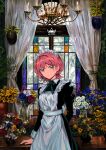  1girl absurdres apron aqua_eyes aqua_ribbon black_dress blue_flower bouquet chandelier commentary_request cowboy_shot curtains dress expressionless flower frilled_headwear hanging_plant highres huion indoors juliet_sleeves long_sleeves looking_at_viewer maid maid_apron maid_headdress mimosa_(flower) neck_ribbon original pink_flower pink_hair plant potted_plant puffy_sleeves red_flower ribbon rose segami short_hair solo stained_glass vase white_apron white_flower white_headdress window wolf_cut yellow_flower 