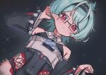  1girl absurdres arm_up bare_shoulders black-framed_eyewear black_hairband black_shirt breasts closed_mouth collared_shirt covered_navel detached_sleeves glasses green_hair hair_between_eyes hairband hand_in_own_hair high_(hgih) highres holding looking_at_viewer pointy_ears red_eyes roxy_ifrita_pryce shirt small_breasts solo sweat upper_body zenless_zone_zero 