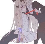  2girls absurdres arknights arms_behind_back black_jacket black_pantyhose black_shirt black_thighhighs blonde_hair blush bound bound_wrists clothes_grab dragon_girl dragon_horns dragon_tail grabbing_another's_necktie highres horns incest isikishoku_akn jacket long_hair looking_at_viewer looking_back multiple_girls necktie necktie_grab neckwear_grab necrass_(arknights) office_lady pantyhose reed_(arknights) shirt siblings simple_background sisters tail thighhighs very_long_hair white_background white_jacket white_shirt yuri 