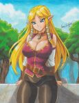  1990s_(style) 1girl absurdres artist_name belt black_pants blonde_hair blue_eyes blue_sky breasts closed_mouth cloud commentary day highres large_breasts long_hair looking_at_viewer outdoors pants pointy_ears princess_zelda ravernclouk retro_artstyle signature sky smile solo standing the_legend_of_zelda traditional_media 