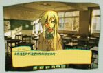  1girl bow chalkboard chinese_text classroom collared_shirt commentary_request coocoo625 dark-skinned_male dark_skin fake_screenshot false_memory indoors korean_commentary long_hair looking_at_viewer photo_background school_uniform shirt simplified_chinese_text solo table translated video_game_dialogue_box white_hair white_shirt window yellow_theme yi_(false_memory) 
