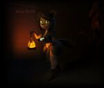 anthro backpack beaver boots bottomwear brown_body brown_fur brown_hair clothing dark_room female flat_tail footwear fur green_eyes grey_clothing gun hair hi_res holding_gun holding_lantern holding_object holding_weapon lamp lantern loincloth mammal ranged_weapon rodent ruins siakstuff weapon 
