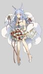  1girl animal_ear_fluff animal_ears bare_shoulders bouquet breasts cleavage commentary dress extra_ears flower fox_ears fox_girl fox_tail full_body grey_background hair_behind_ear high_heels highres holding holding_bouquet invisible_chair lai_dou_laile_555 long_hair medium_breasts multiple_tails nijisanji nijisanji_en nina_kosaka red_eyes red_flower sitting smile solo symbol-only_commentary tail white_dress white_flower white_footwear yellow_flower 
