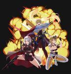  3girls absurdres aqua_eyes black_bra black_panties blonde_hair blue_eyes bodysuit bra breasts cape clothing_cutout commentary covered_navel cropped_jacket drake_(great_villain)_(nikke) drake_(nikke) dress explosion floating_hair gloves goddess_of_victory:_nikke gun hair_ornament hairclip henshin_pose highres hip_vent horns knee_armor laplace_(nikke) laplace_(ultimate_hero)_(nikke) leotard leotard_under_clothes long_hair looking_at_viewer matis_(nikke) maxwell_(nikke) maxwell_(ordinary_mechanic)_(nikke) mechanical_horns multiple_girls official_alternate_costume on_one_knee panties pencil_dress pink_eyes short_hair_with_long_locks sidelocks skirt thighhighs twintails underwear unzipped visor_lift weapon white_hair yt9676 