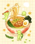 3boys blush_stickers bok_choy bowl chibi chopsticks colored_skin commentary egg_(food) english_commentary food food_focus green_skin highres holding holding_chopsticks kaaileen kamaboko mini_person miniboy multiple_boys narutomaki noodles nori_(seaweed) original pea_pod ramen 