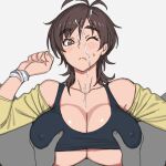  1boy 1girl amaha_masane arm_up black_sports_bra blush bracelet breasts brown_eyes brown_hair cleavage closed_mouth collarbone covered_nipples cum cum_on_body facial grabbing_another's_breast grey_background groping hetero highres jewelry large_breasts looking_at_viewer mature_female one_eye_closed onsen_tamago_(hs_egg) paizuri pov shirt short_hair simple_background solo_focus sports_bra sweatdrop upper_body witchblade_(anime) yellow_shirt 