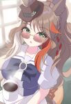  1girl absurdres animal_ears arnolddayo bow bowtie breasts brown_hair coffee coffee_mug commentary_request cup ears_through_headwear fedora forever_young_(umamusume) green_eyes hat highres holding holding_cup horse_ears horse_girl large_breasts long_hair looking_at_viewer mug multicolored_hair open_mouth pleated_skirt puffy_short_sleeves puffy_sleeves purple_bow purple_bowtie purple_shirt red-tinted_eyewear red_streaks sailor_collar sailor_shirt school_uniform shirt short_sleeves skirt solo steam steaming_cup streaked_hair sunglasses tinted_eyewear tracen_school_uniform umamusume white_sailor_collar white_skirt white_streaks 