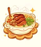 artist_name bowl broccoli commentary english_commentary food food_focus highres kaaileen meat mushroom no_humans original sparkle spoon stew wooden_spoon 