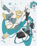  2girls aqua_eyes aqua_hair aqua_nails aqua_necktie aqua_trim armpits belt black_skirt black_sleeves blonde_hair bow breasts chibi commentary detached_sleeves grey_leg_warmers grey_sailor_collar grey_shirt grey_sleeves hair_bow hair_ornament hairclip hatsune_miku headphones headset highres kagamine_rin leg_warmers long_hair looking_at_viewer midair minazuki_(minaduki_0318) multiple_girls neckerchief necktie one_eye_closed open_mouth parallel_hairclips sailor_collar shirt shoes short_hair short_sleeves skirt sleeveless sleeveless_shirt small_breasts teeth twintails untranslatable_commentary upper_teeth_only very_long_hair vocaloid white_bow white_shirt white_shoes yellow_belt yellow_nails yellow_neckerchief yellow_trim 