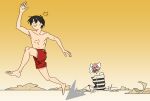  1boy 1girl bai_zhong_(false_memory) barefoot black_eyes black_hair bright_pupils chinese_commentary commentary_request crown false_memory fleeing gold_crown halo highres male_focus mini_crown protagonist_halo qiejian running sweat toned toned_male white_pupils 