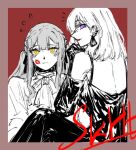  2girls backless_dress backless_outfit bang_dream! bang_dream!_it's_mygo!!!!! bare_shoulders blush closed_mouth commentary dress earrings gloves hair_ribbon jewelry lipstick_mark lipstick_mark_on_face long_hair medium_hair misumi_uika multiple_girls pankoryo partially_colored purple_eyes red_background ribbon sketch togawa_sakiko untranslatable_commentary yellow_eyes yuri 