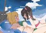  2girls akatsuki_kirika beach bikini black_hair blonde_hair blue_sky blush breasts cloud commentary_request commission day feet_out_of_frame grabbing_another's_breast green_bikini green_eyes groping highres koma_kitsune_(kururito) long_hair looking_at_another medium_breasts multiple_girls navel open_mouth outdoors picnic_basket pink_bikini red_eyes senki_zesshou_symphogear short_hair skeb_commission sky swimsuit tsukuyomi_shirabe twintails yuri 