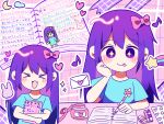  >_< +_+ 1girl :d aubrey_(headspace)_(omori) aubrey_(omori) bad_id bad_pixiv_id blue_shirt blush bow closed_eyes commentary_request double-parted_bangs envelope eraser fang forest_bunny_(omori) hair_between_eyes hair_bow holding holding_notebook holding_pencil hoshidashiki long_hair love_letter notebook omori open_mouth pencil pink_bow purple_eyes purple_hair shirt short_sleeves sidelocks smile solo tongue tongue_out translation_request writing xd 
