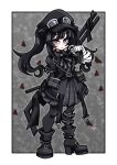  1girl absurdres ammunition_pouch arm_belt asymmetrical_gloves bandaged_arm bandaged_hand bandages black_choker black_coat black_dress black_gloves black_hair black_hat black_pantyhose black_ribbon black_shoes border bug butterfly choker closed_mouth coat collared_dress dress full_body gloves goggles goggles_on_headwear grey_eyes gun hair_ornament hat highres kurobe_nanoka leg_belt long_hair looking_at_viewer mahou_shoujo_no_majo_saiban neck_ribbon pantyhose plaid_clothes plaid_dress pouch red_butterfly ribbon rifle shoes signature solo to_kkt724 twintails weapon white_border 