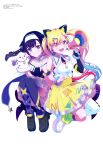  2girls :d absurdres anime_coloring anklet armlet artist_request bang_dream! bang_dream!_yumemita black_gloves black_hair black_headdress blonde_hair blue_hair blush bracelet breasts cat_hair_ornament cel_rendering cleavage closed_mouth collarbone copyright_name copyright_notice earrings elbow_gloves eyes_visible_through_hair fingerless_gloves fuji_miyako full_body gloves gradient_hair hair_ornament hair_over_one_eye hairclip hand_puppet happy highres holding holding_megaphone idol_clothes jewelry knees_up locked_arms long_hair looking_at_viewer magazine_scan medium_breasts megami_magazine megaphone multicolored_hair multiple_anklets multiple_bracelets multiple_girls nakamachi_arale nun_headdress official_art open_mouth pink_eyes puppet purple_eyes red_hair scan simple_background single_elbow_glove smile star_(symbol) third-party_source twintails white_background 