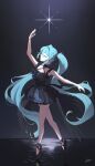  1girl absurdres aqua_hair arm_up artist_name ballet_slippers bare_legs bare_shoulders black_corset black_dress black_ribbon black_shoes black_wings blue_flower bow breasts choker ciel_7003 closed_eyes closed_mouth commentary corset dancing dress dress_bow dress_flower en_pointe feathered_wings flower flower_choker frilled_choker frilled_dress frills from_side full_body hair_between_eyes hair_ribbon hatsune_miku highres long_hair low_wings night profile ribbon shoes short_dress sidelocks small_breasts solo square_neckline standing standing_on_liquid star_(sky) twintails untranslatable_commentary very_long_hair vocaloid wings 