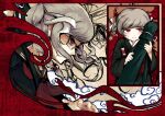  1girl absurdres aged_down black_kimono black_sailor_collar black_serafuku braid child cloud commentary danganronpa_(series) english_commentary glasses highres holding holding_sheath japanese_clothes karmakoo kimono neckerchief official_style pekoyama_peko red_eyes red_neckerchief ribbon sailor_collar school_uniform serafuku sheath twin_braids waves white_ribbon 