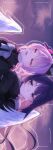  2girls absurdres angel_wings bakegitunedesu beliora_vike black_coat black_dress bow closed_eyes closed_mouth cloud coat dress feathered_wings highres long_hair looking_at_another medium_hair multiple_girls open_mouth outdoors pink_hair portrait purple_eyes purple_hair remielle_dan remielle_dan_(past) sky smile watermark white_bow white_wings wings yuri zenless_zone_zero 