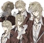  1boy adjusting_clothes adjusting_gloves blonde_hair blood blood_on_face closed_mouth coat colored_tips glasses gloves hair_between_eyes hand_on_own_head highres long_hair looking_at_viewer luuk_herssen_(wuthering_waves) male_focus multicolored_hair multiple_views official_alternate_costume red_coat red_eyes shirt smile um? white_gloves white_shirt wuthering_waves 