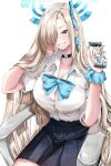  1girl absurdres asuna_(blue_archive) asuna_(school_uniform)_(blue_archive) black_choker blue_archive blue_bow blue_bowtie blue_eyes blue_nails blue_skirt blush bow bowtie breasts cellphone cerguss chair choker collarbone collared_shirt commentary english_commentary hair_flip hair_over_one_eye halo highres holding holding_phone large_breasts long_hair looking_at_viewer on_chair one_eye_covered phone pleated_skirt school_uniform scrunchie shirt sidelocks simple_background sitting skirt smartphone smile solo very_long_hair white_background white_shirt wrist_scrunchie 