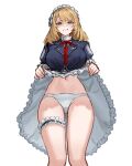  1girl absurdres aqua_eyes blonde_hair breasts centaureissi_(girls'_frontline_2) clenched_teeth clothes_lift commentary disgust english_commentary frilled_thigh_strap g36_(girls'_frontline) girls'_frontline girls'_frontline_2:_exilium highres iiplin large_breasts lifting_own_clothes maid maid_headdress navel neck_ribbon panties presenting_own_body red_ribbon ribbon simple_background skirt skirt_lift solo stomach teeth thigh_strap thighs third-party_source underwear upskirt white_background white_headdress white_panties 