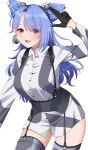  1girl black_gloves blue_hair breasts brown_eyes garter_straps gloves grey_thighhighs half_gloves headgear highres kantai_collection large_breasts multicolored_thighhighs number_earrings pointy_hair reno_(kancolle) shirt simple_background smile solo star_on_cheek striped_clothes striped_shirt thighhighs two-tone_shirt two-tone_thighhighs white_background yomogi_dango 