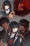  1boy 2girls absurdres black_choker black_hair black_jacket black_sailor_collar black_shirt chisa_(wuthering_waves) choker closed_mouth cosplay dated dual_persona female_rover_(wuthering_waves) hair_ribbon hand_on_another's_shoulder highres jacket long_hair looking_at_another male_rover_(wuthering_waves) multiple_girls multiple_views namipon_(wuthering_waves) neckerchief red_eyes red_neckerchief red_ribbon ribbon rover_(wuthering_waves) sailor_collar shimizu_hinako shimizu_hinako_(cosplay) shirt silent_hill_(series) silent_hill_f smirk tacet_mark_(wuthering_waves) tsuneki_kotoyuki tsuneki_kotoyuki_(cosplay) variant_set white_sailor_collar wuji_dun_guiyuan wuthering_waves yellow_eyes yellow_ribbon 