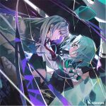  2girls album_cover aqua_eyes aqua_hair arcaea asymmetrical_legwear bare_shoulders black_cape black_dress black_thighhighs blue_dress bow bow_flower cape collared_dress copyright_logo cover cross-laced_clothes cross-laced_legwear diamond-shaped_earrings dress dress_bow dress_flower earrings flower flower_over_eye grey_hair hair_flower hair_ornament highres insight_(arcaea) ishida_tatsuki jewelry logo long_hair long_sleeves looking_at_another multiple_girls necktie official_art purple_eyes red_necktie saya_(arcaea) saya_(awakened)_(arcaea) short_hair single_shoulder_pad strapless strapless_dress thighhighs white_cape white_flower white_sleeves white_thighhighs 