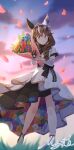  1girl absurdres animal_ears asymmetrical_footwear asymmetrical_gloves blush bouquet braid braided_sidelocks breasts brown_hair closed_mouth commentary_request curren_bouquetd'or_(racing)_(umamusume) curren_bouquetd'or_(umamusume) detached_sleeves dress ear_covers elbow_gloves flower full_body gloves grass grey_eyes hair_between_eyes hair_ornament hairband highres holding holding_bouquet horse_ears horse_girl long_hair looking_at_viewer low_twin_braids matty_(matsutomo) mismatched_ear_covers mismatched_footwear mismatched_gloves multicolored_hair petals sidelocks sky smile solo standing streaked_hair twin_braids umamusume white_streaks 