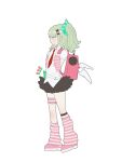  1girl arm_warmers bag bandaid bandaid_hair_ornament commentary_request dokori765 from_side full_body fur-trimmed_skirt fur_trim green_eyes green_hair hair_ornament highres korean_commentary leg_warmers necktie pink_arm_warmers pink_bag pink_leg_warmers red_necktie shirt simple_background skirt solo striped_arm_warmers striped_leg_warmers sunna_(zenless_zone_zero) white_background white_shirt white_wings winged_bag wings zenless_zone_zero 