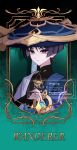  1boy anemo_symbol_(genshin_impact) armor black_bodysuit black_bridal_gauntlets black_hair blue_cape blue_gem blue_hat blue_kimono blue_sleeves blunt_ends bodysuit border bridal_gauntlets bright_pupils cape character_name closed_mouth commentary_request drop_shadow ego_(ego_inp) expressionless fingernails gem genshin_impact gold gold_border gold_ring green_background hand_on_own_chest hand_up hat highres japanese_armor japanese_clothes jingasa juban kimono kote kurokote layered_sleeves looking_at_viewer male_focus mandarin_collar middle_ring open_clothes open_kimono ornate_border portrait purple_eyes purple_rope rope scaramouche_(genshin_impact) short_sleeves side_cape solo tsurime vision_(genshin_impact) wanderer_(genshin_impact) watermark white_kimono white_pupils white_sleeves white_trim wispy_bangs wolf_cut 