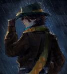  1girl absurdres blue_eyes blue_shirt brown_hat brown_jacket commentary cowboy_hat cowgirl_(western) deadlock_(game) english_commentary expressionless gloves hat hat_tip highres holliday_(deadlock) jacket jitoxxy long_sleeves open_collar orange_scarf outdoors pants plaid_clothes plaid_scarf rain scarf shirt short_hair solo 